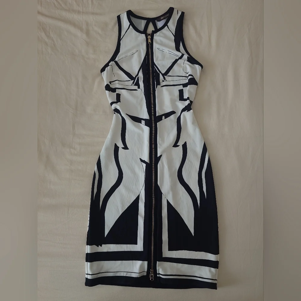 FLAW Zip-up ROBERTO CAVALLI Runway Leaves Print Black White Short Dress Mini 38 - Picture 3 of 16